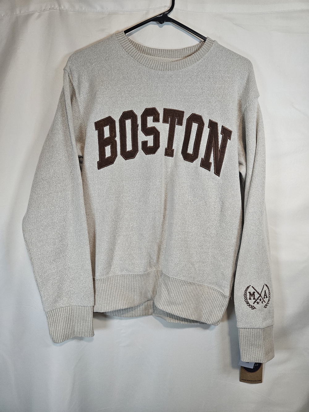 Crewneck Sweater with Boston Applique in Cream and Brown